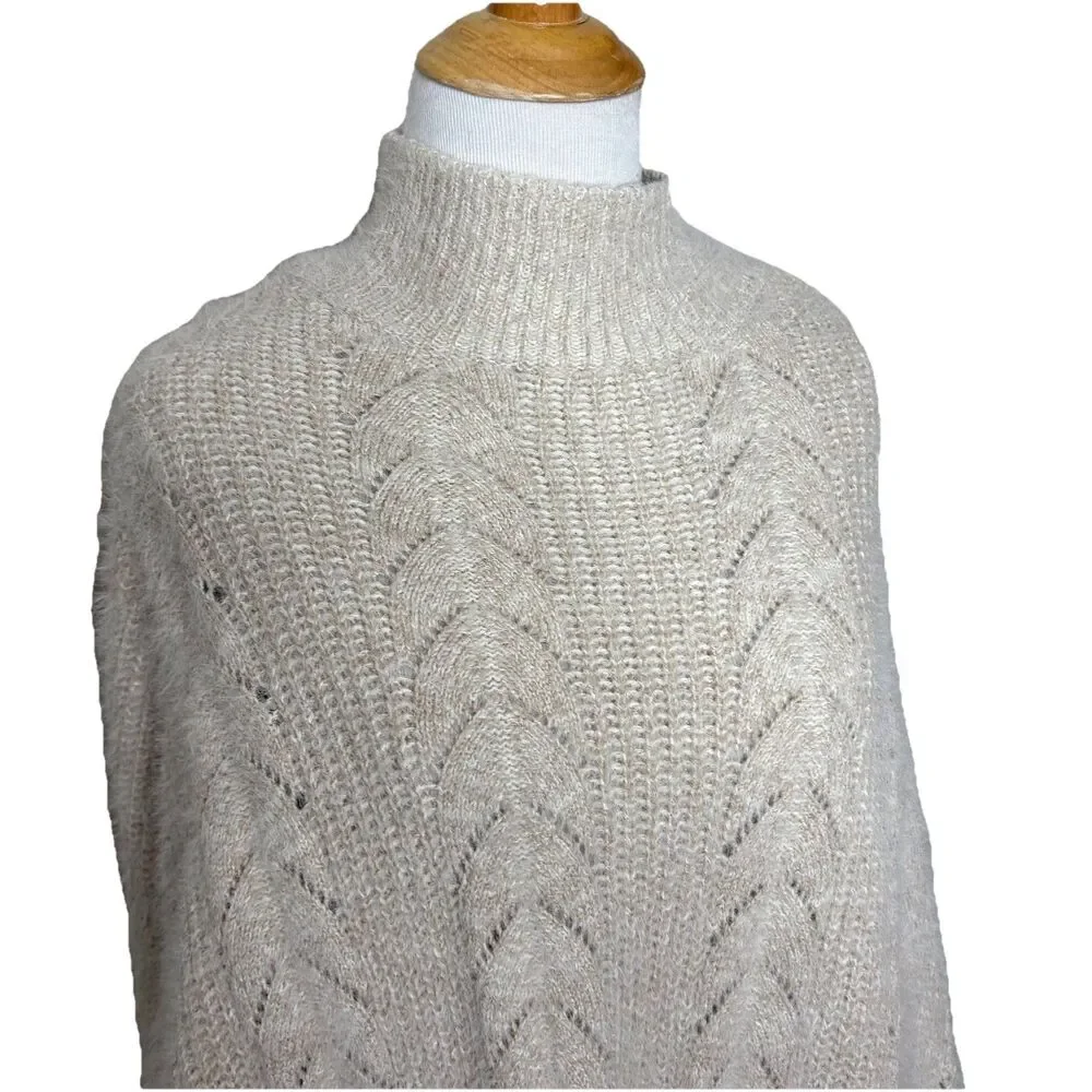 Anthropologie Akemi & Kin Eyelash Turtleneck One Size Biege Cable Knit Poncho